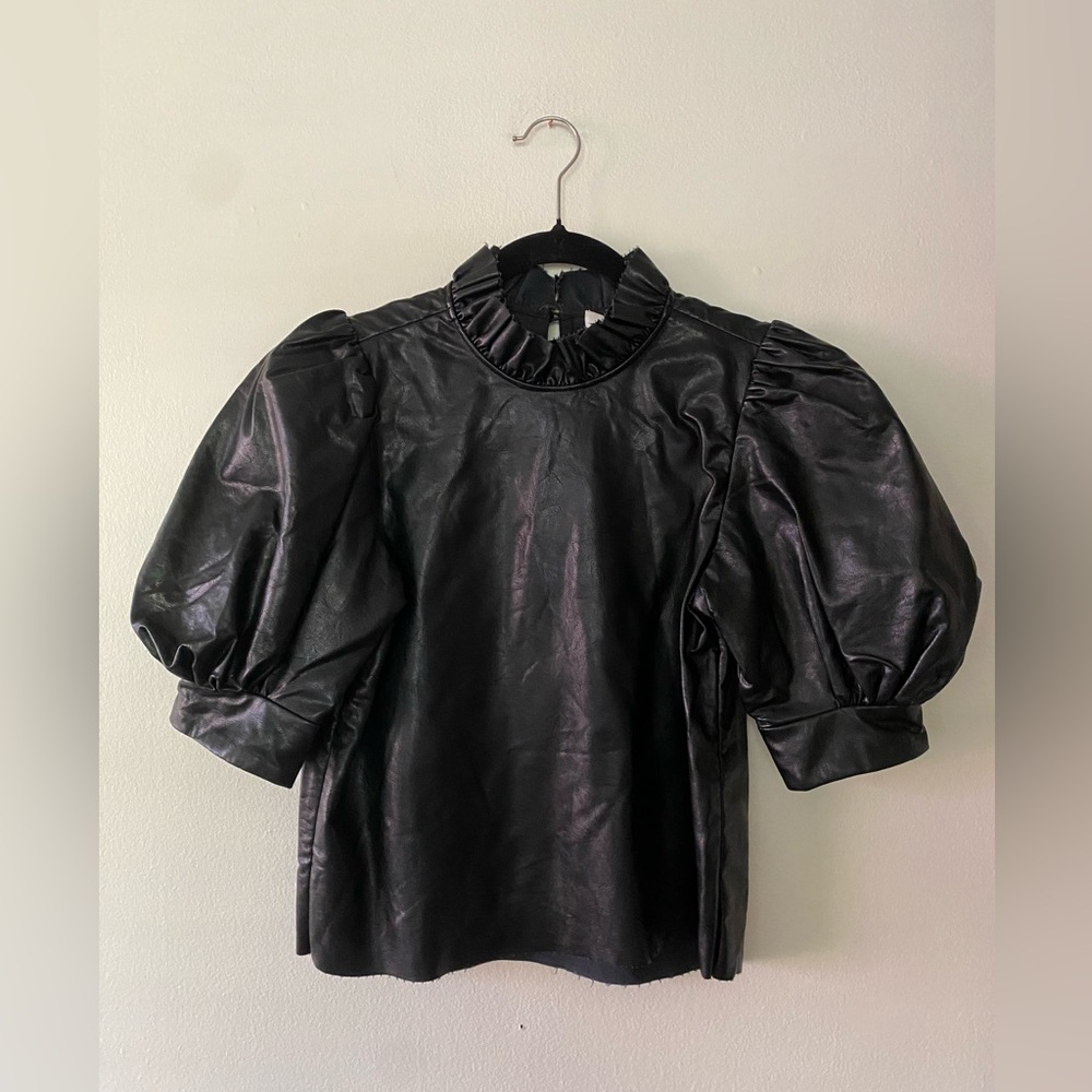 Hunter Bell Stella Faux Leather Puff Sleeve Black Blouse XS